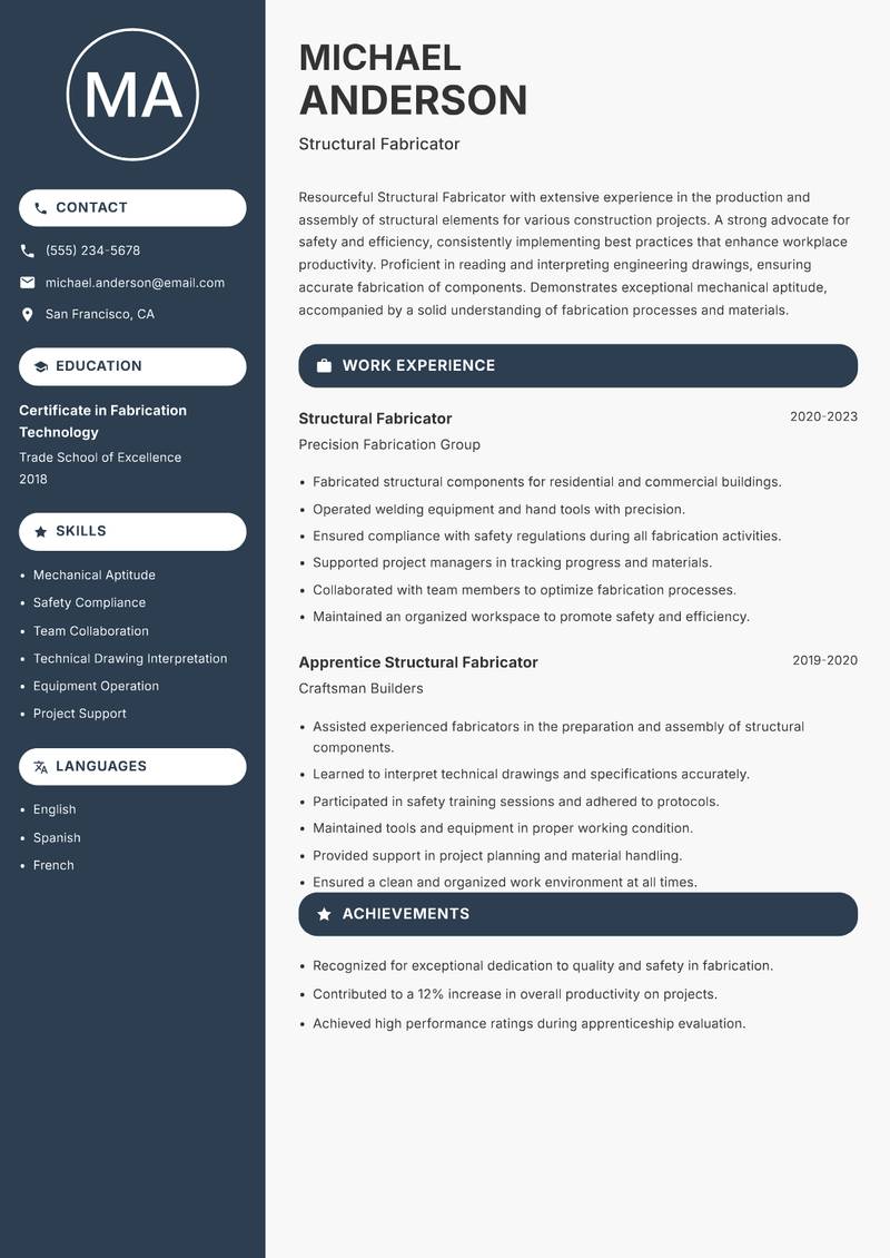 Structural Fabricator resume sample — Structural Fabricator focus