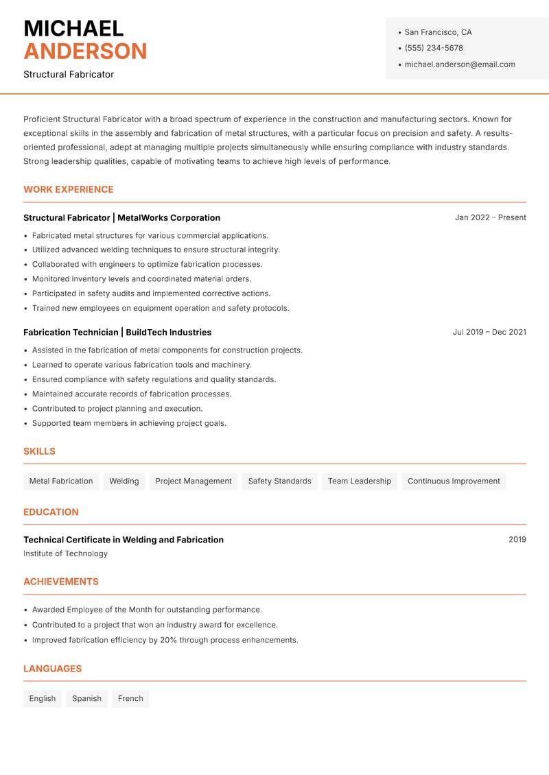 Structural Fabricator resume sample — Structural Fabricator focus