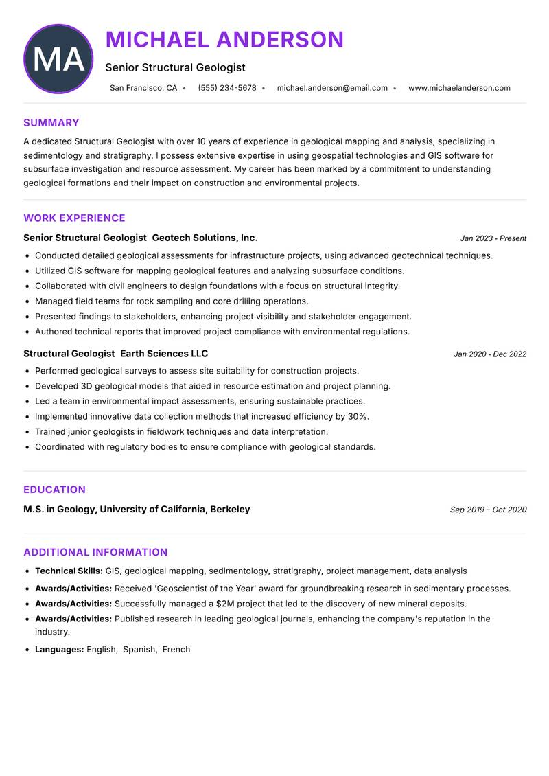 Structural Geologist resume example