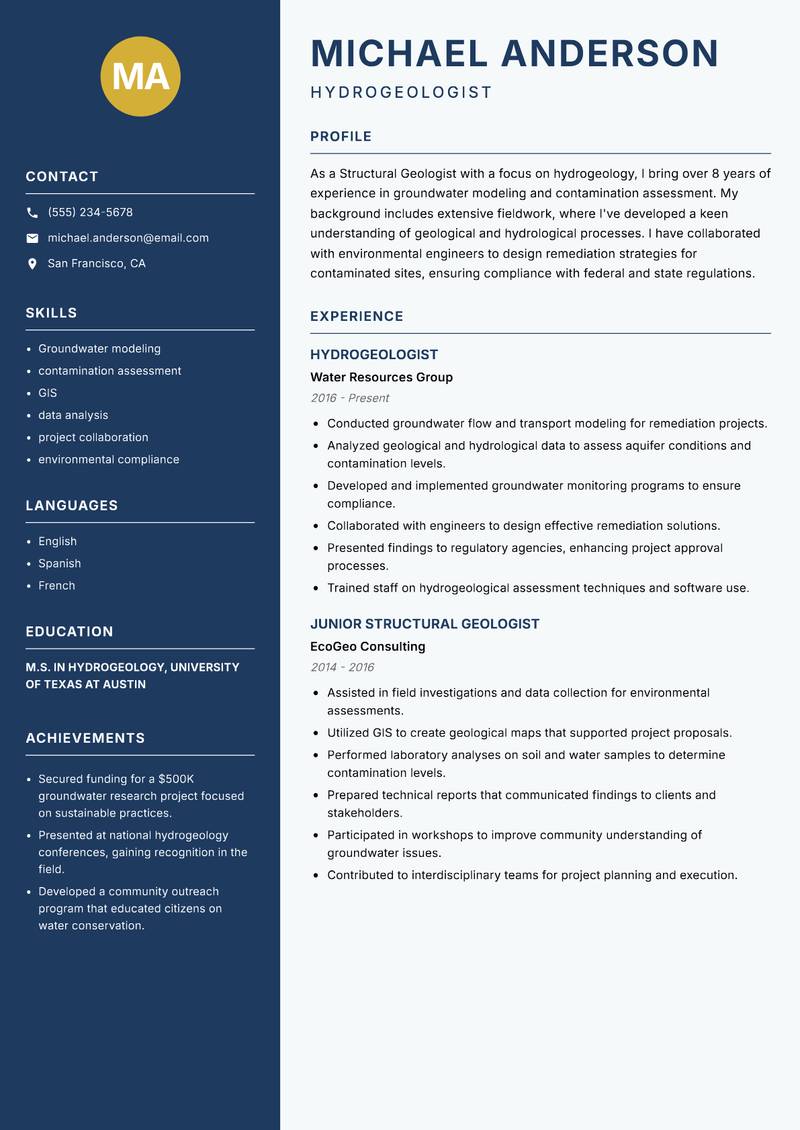 Structural Geologist resume sample — Hydrogeologist focus