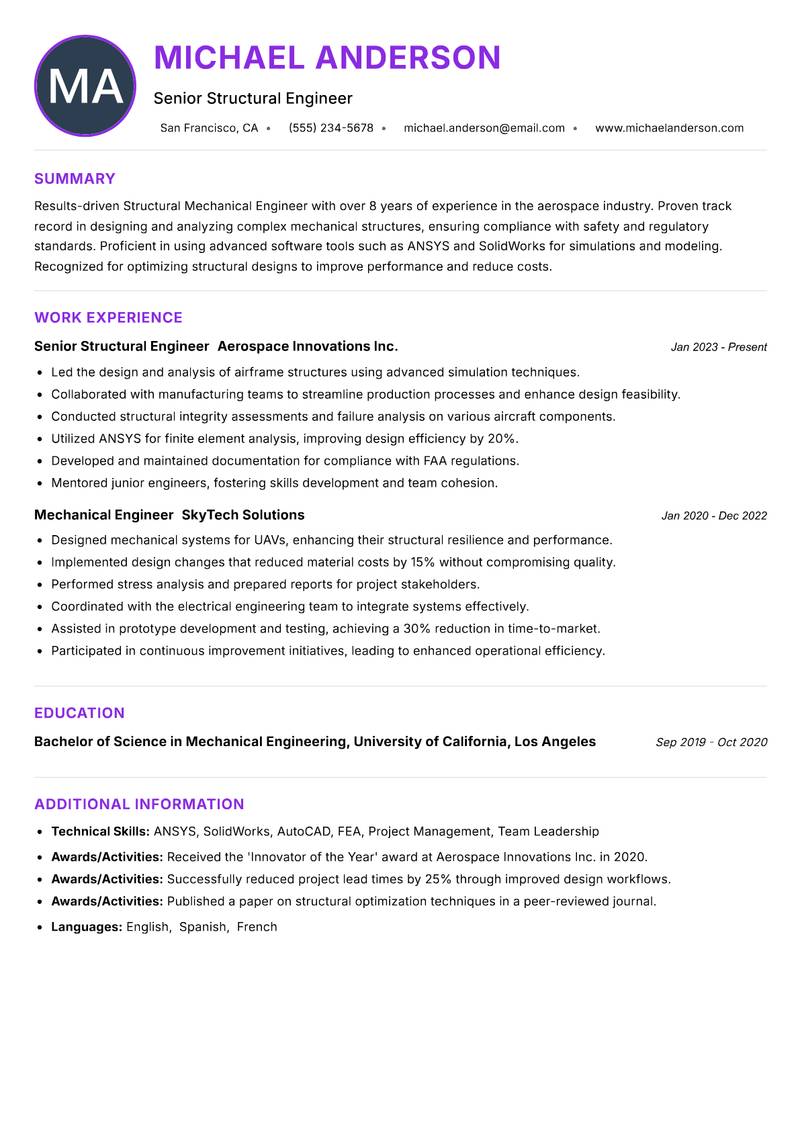 Structural Mechanical Engineer resume example