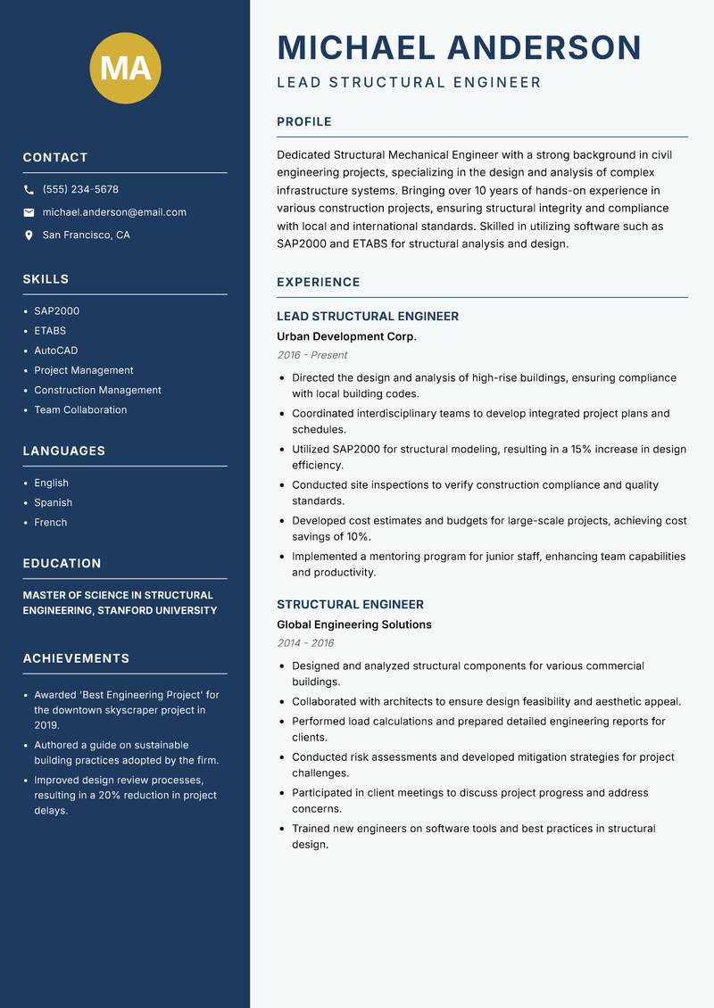 Structural Mechanical Engineer resume sample — Lead Structural Engineer focus