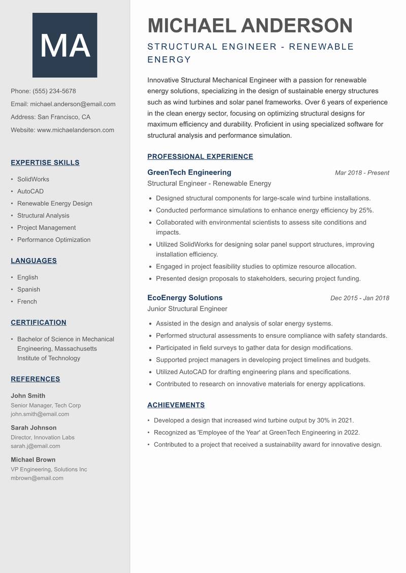 Structural Mechanical Engineer resume sample — Structural Engineer - Renewable Energy focus