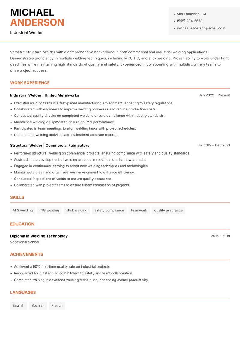 Structural Welder resume sample — Industrial Welder focus
