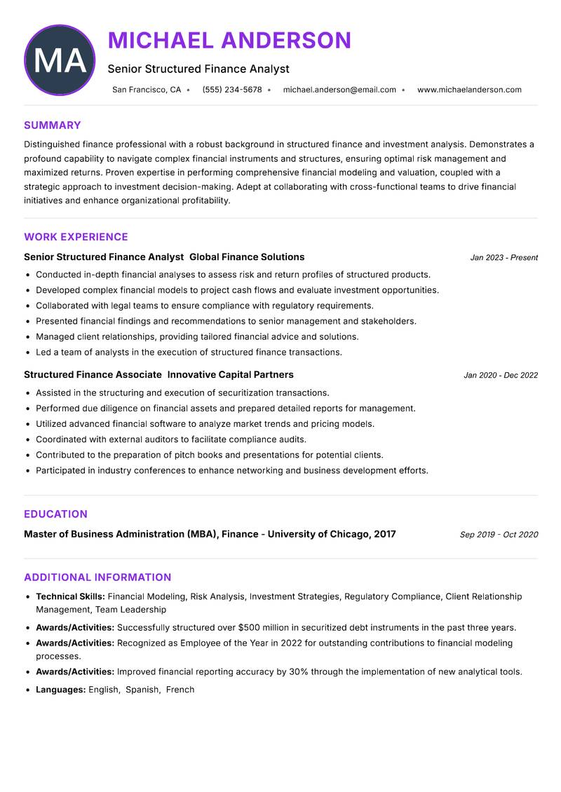 Structured Finance Analyst resume example