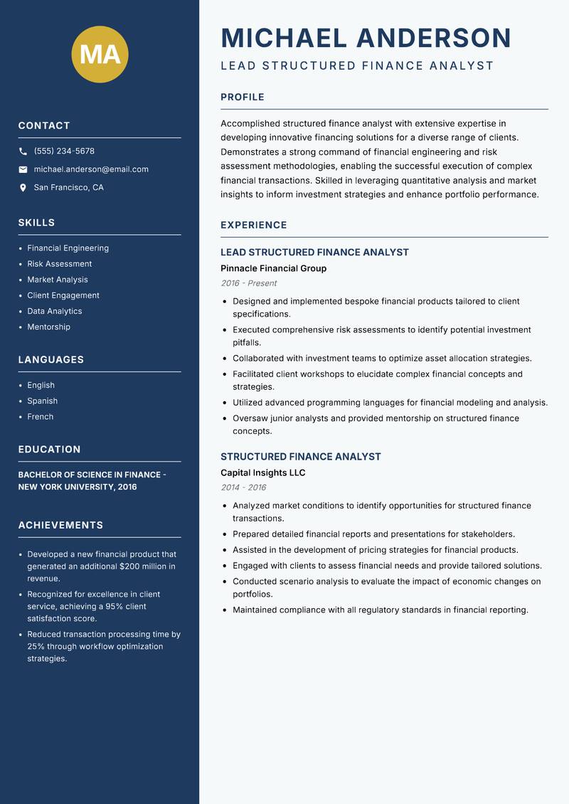 Structured Finance Analyst resume sample — Lead Structured Finance Analyst focus