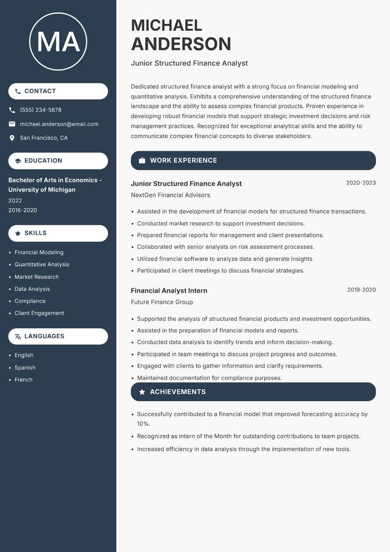 Structured Finance Analyst resume sample — Junior Structured Finance Analyst focus