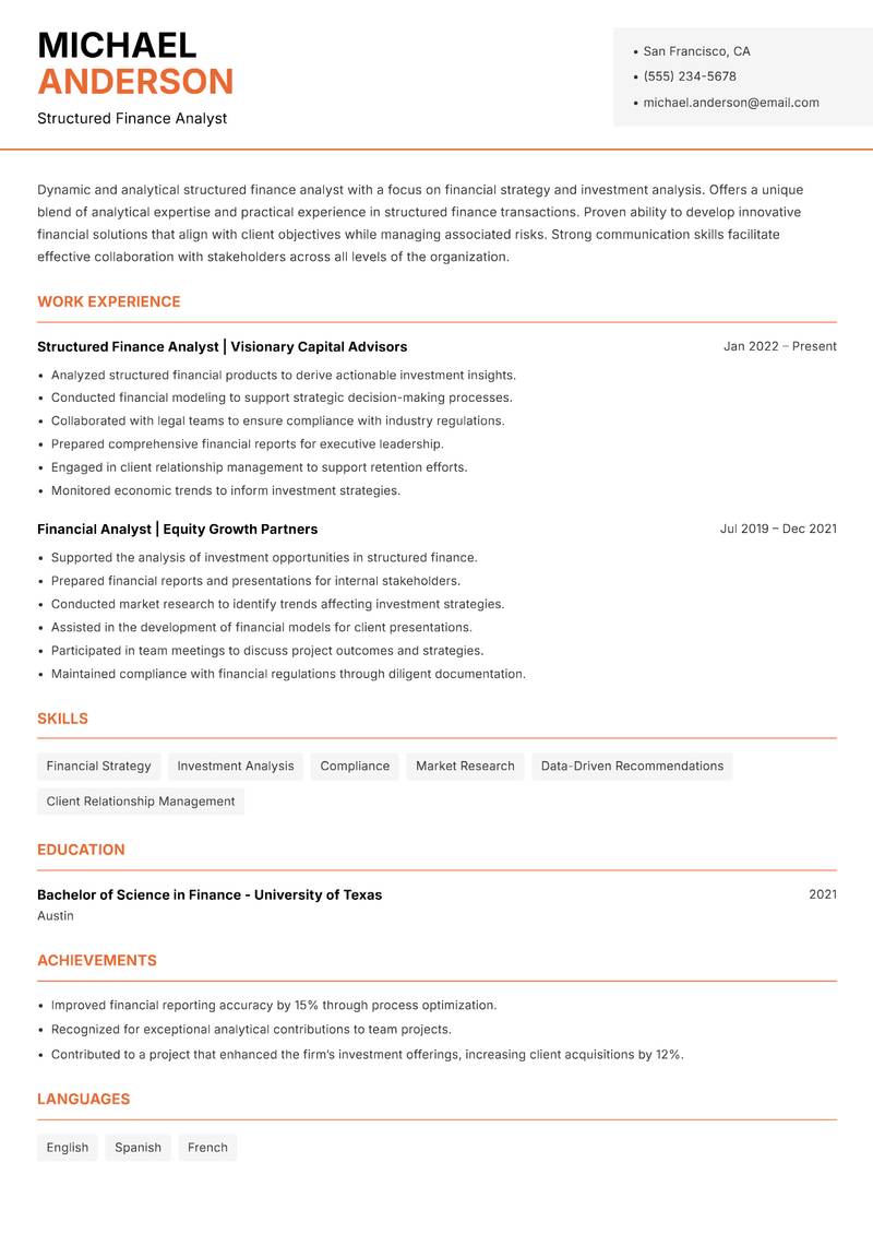 Structured Finance Analyst resume sample — Structured Finance Analyst focus