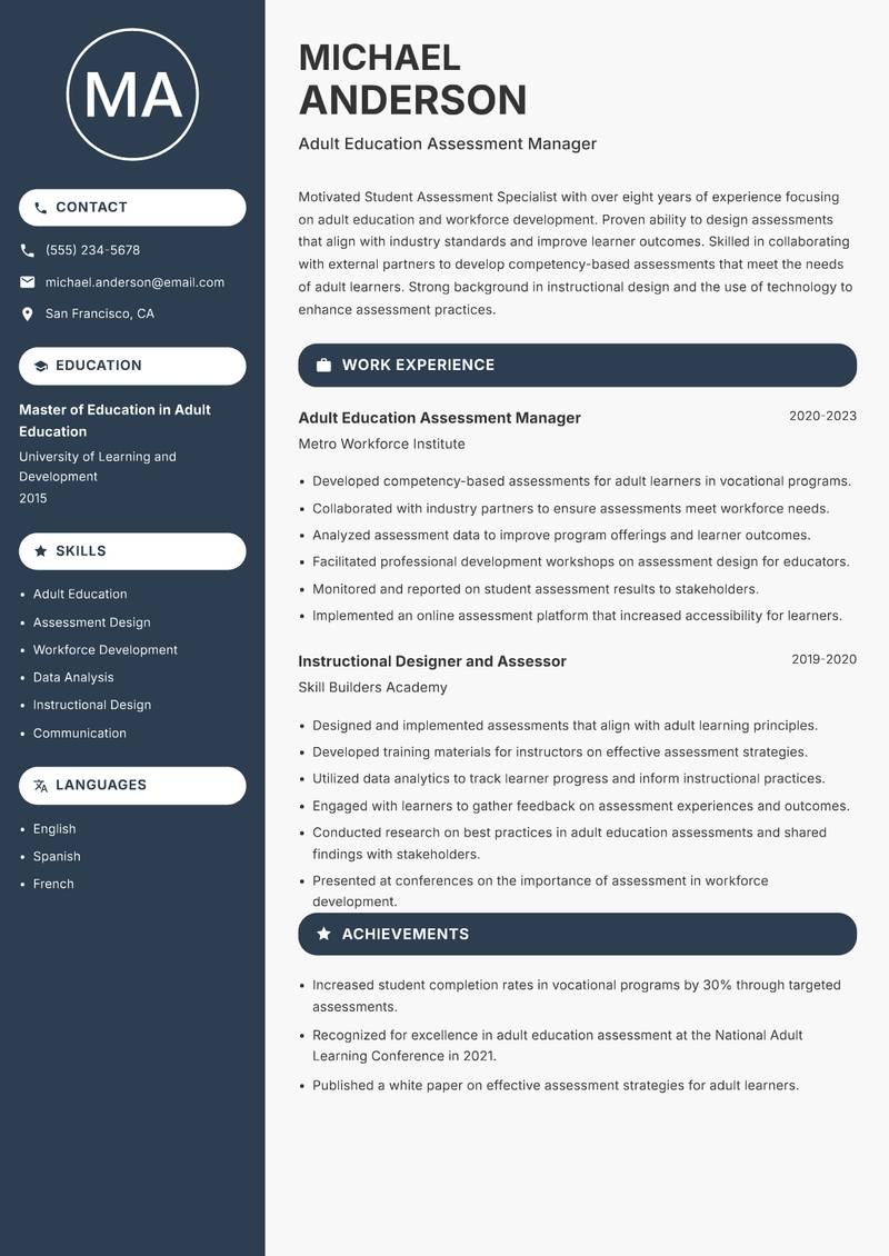 Student Assessment Specialist resume sample — Adult Education Assessment Manager focus