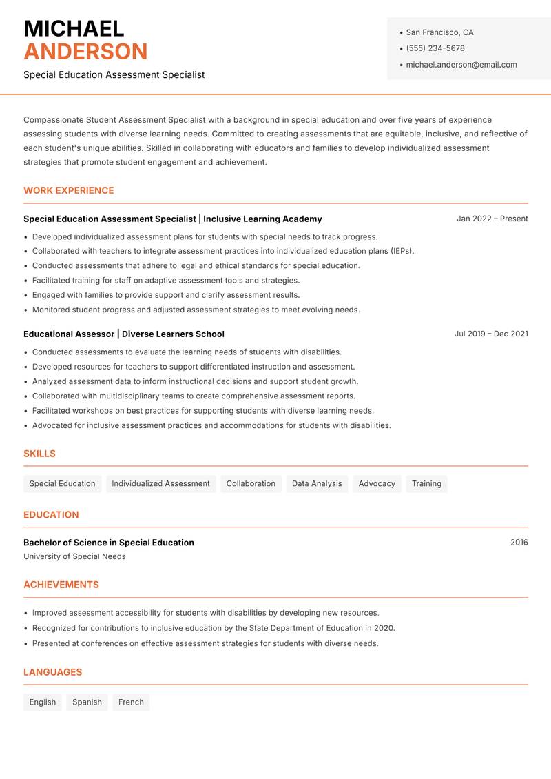 Student Assessment Specialist resume sample — Special Education Assessment Specialist focus