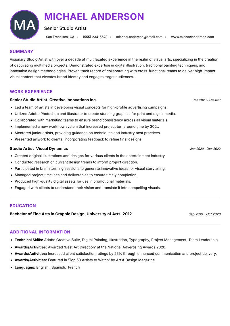 Studio Artist resume example