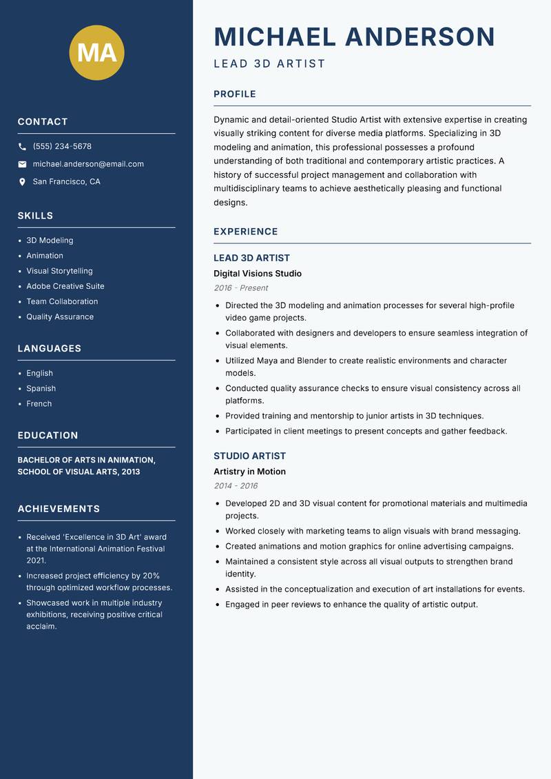 Studio Artist resume sample — Lead 3D Artist focus