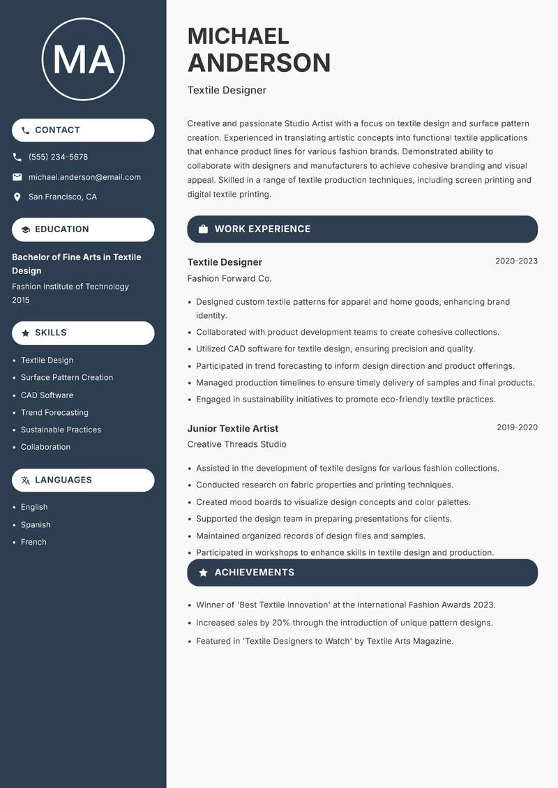 Studio Artist resume sample — Textile Designer focus