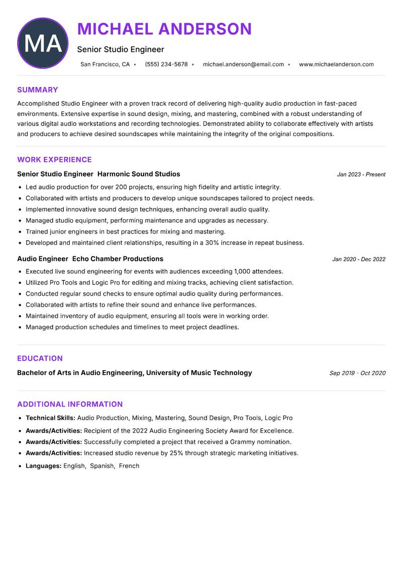Studio Engineer resume example