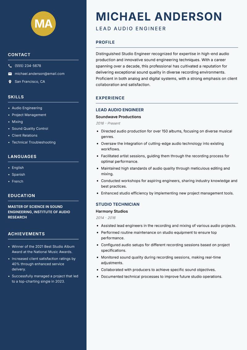 Studio Engineer resume sample — Lead Audio Engineer focus