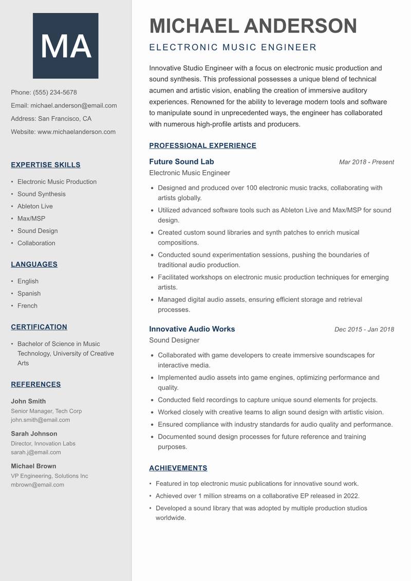 Studio Engineer resume sample — Electronic Music Engineer focus