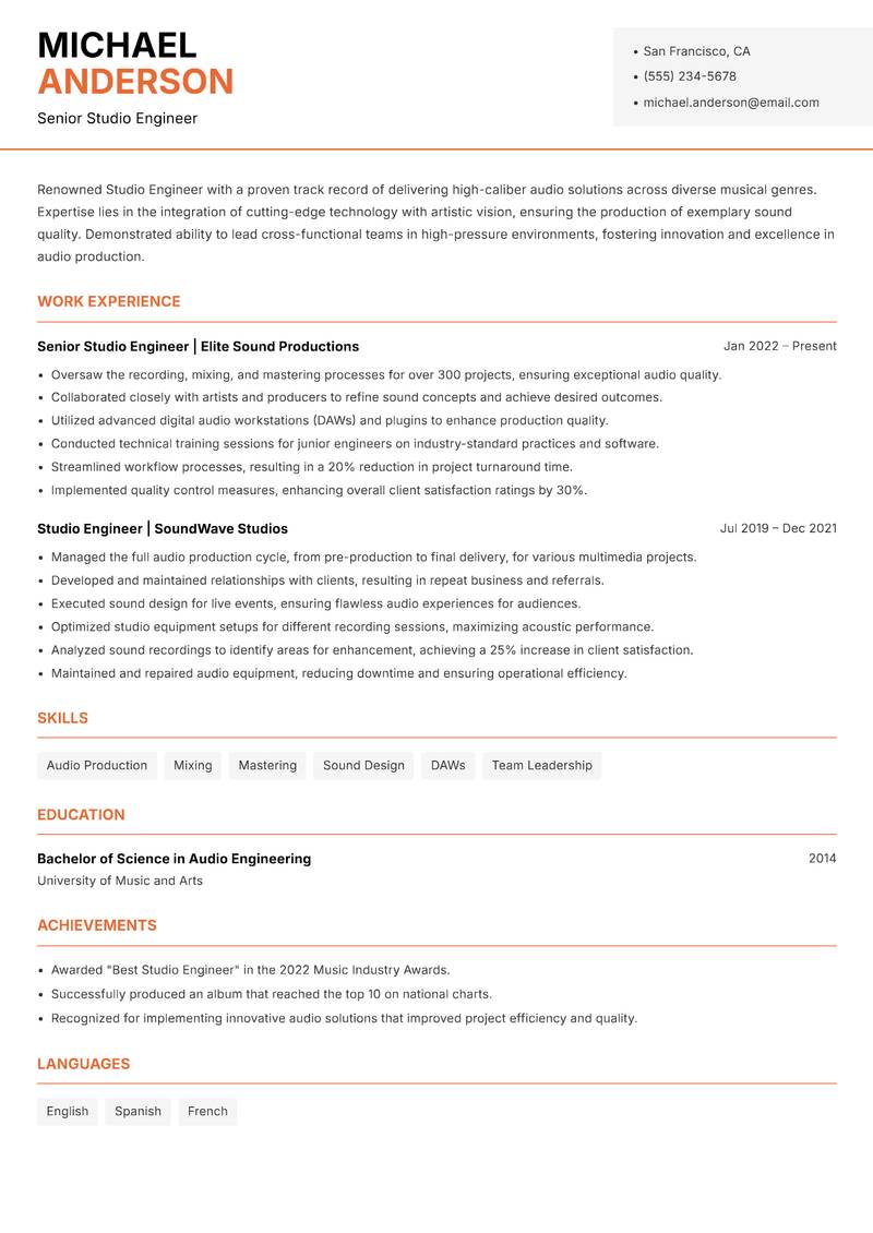 Studio Engineer resume sample — Senior Studio Engineer focus