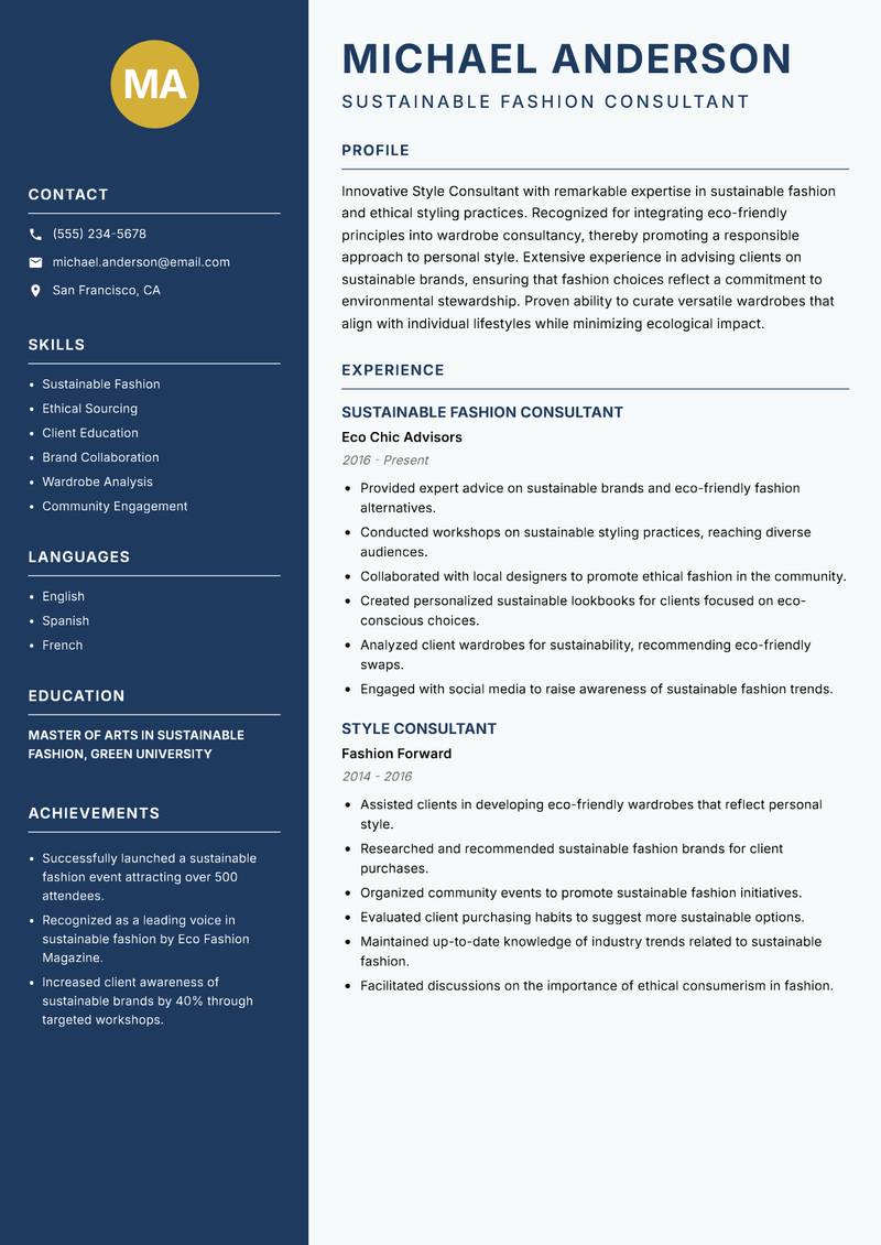 Style Consultant resume sample — Sustainable Fashion Consultant focus