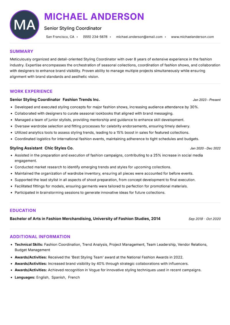 Styling Coordinator resume example