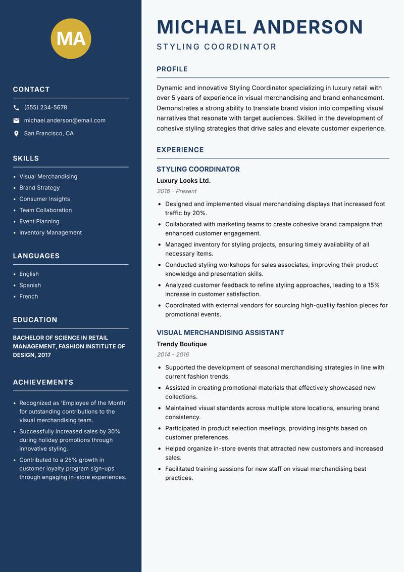 Styling Coordinator resume sample — Styling Coordinator focus
