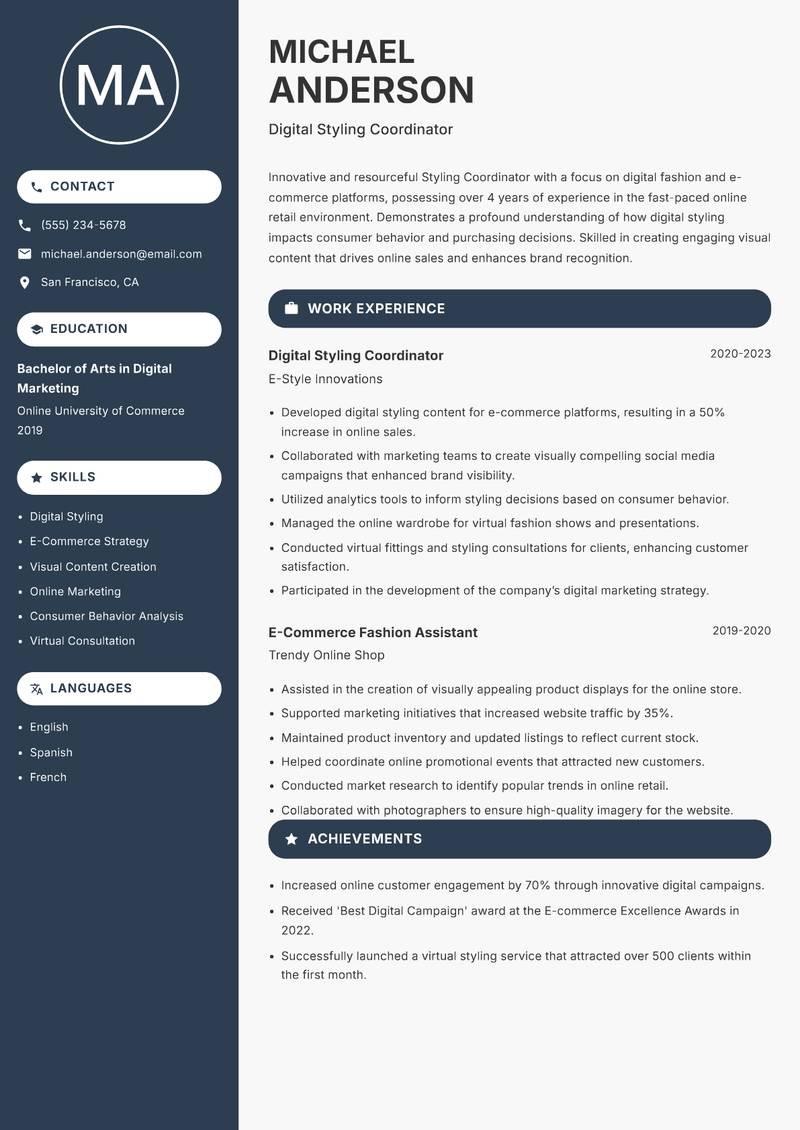 Styling Coordinator resume sample — Digital Styling Coordinator focus