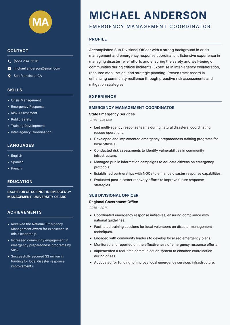 Sub Divisional Officer resume sample — Emergency Management Coordinator focus