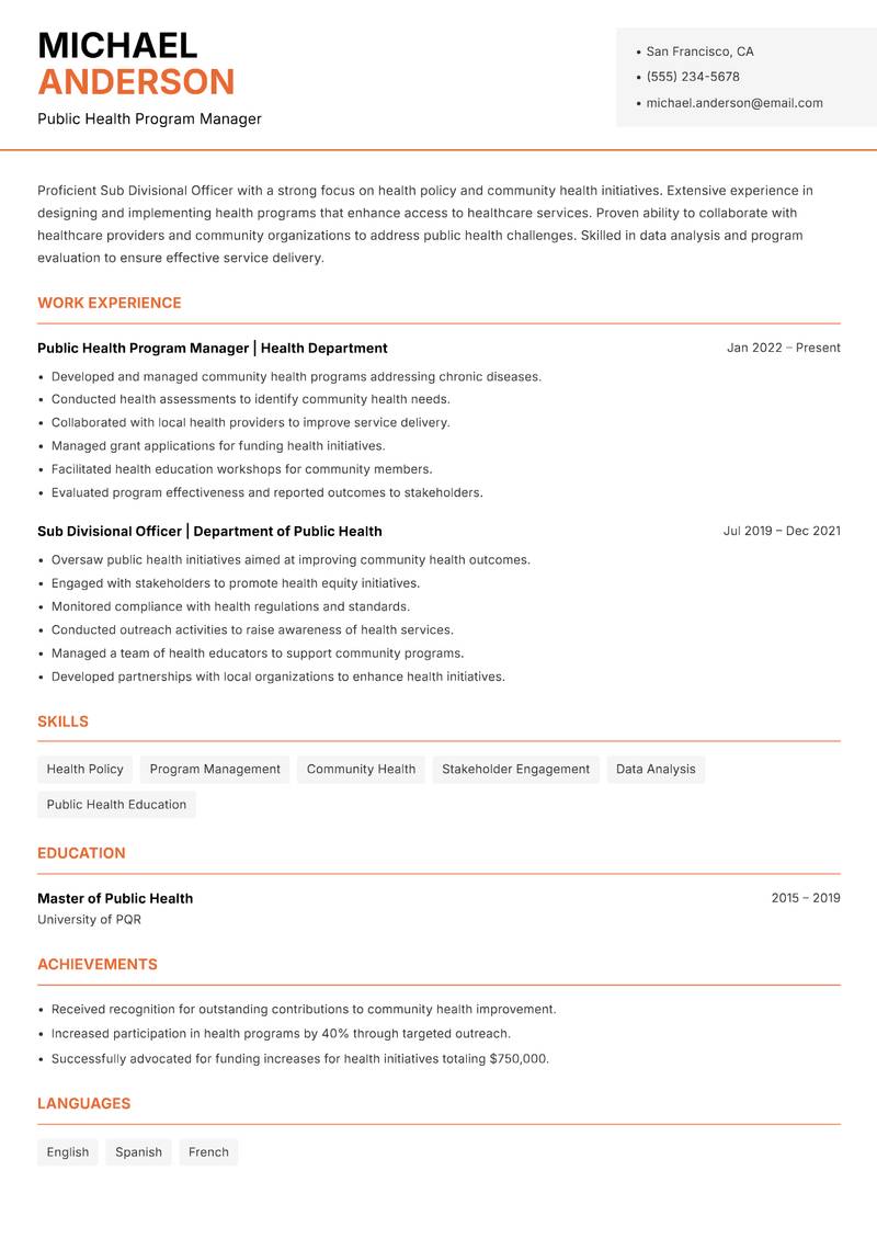 Sub Divisional Officer resume sample — Public Health Program Manager focus