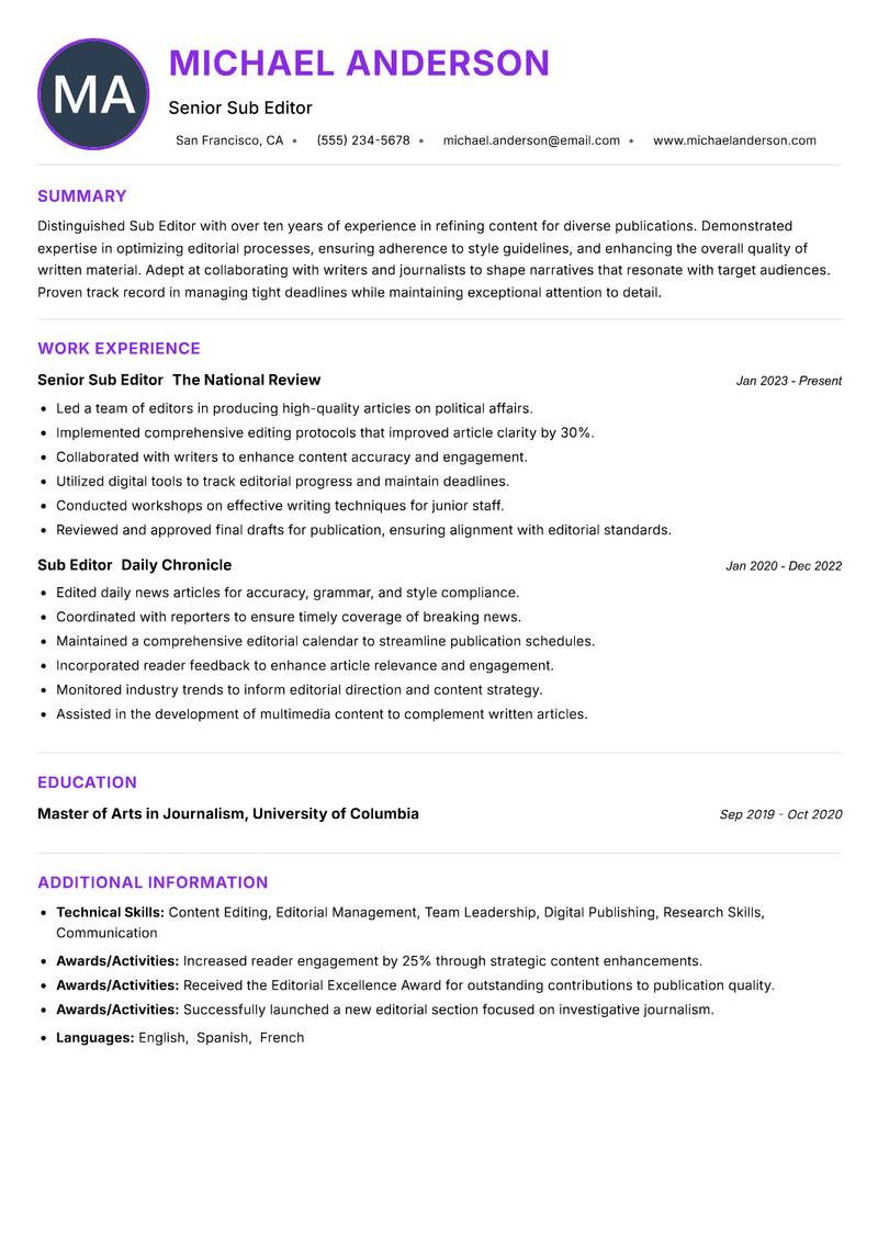 Sub Editor resume example