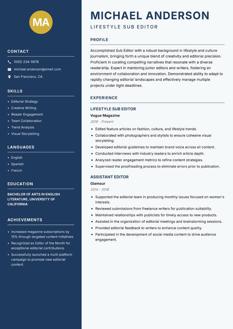Sub Editor resume sample — Lifestyle Sub Editor focus