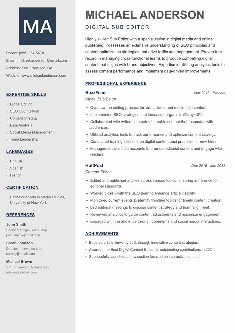Sub Editor resume sample — Digital Sub Editor focus