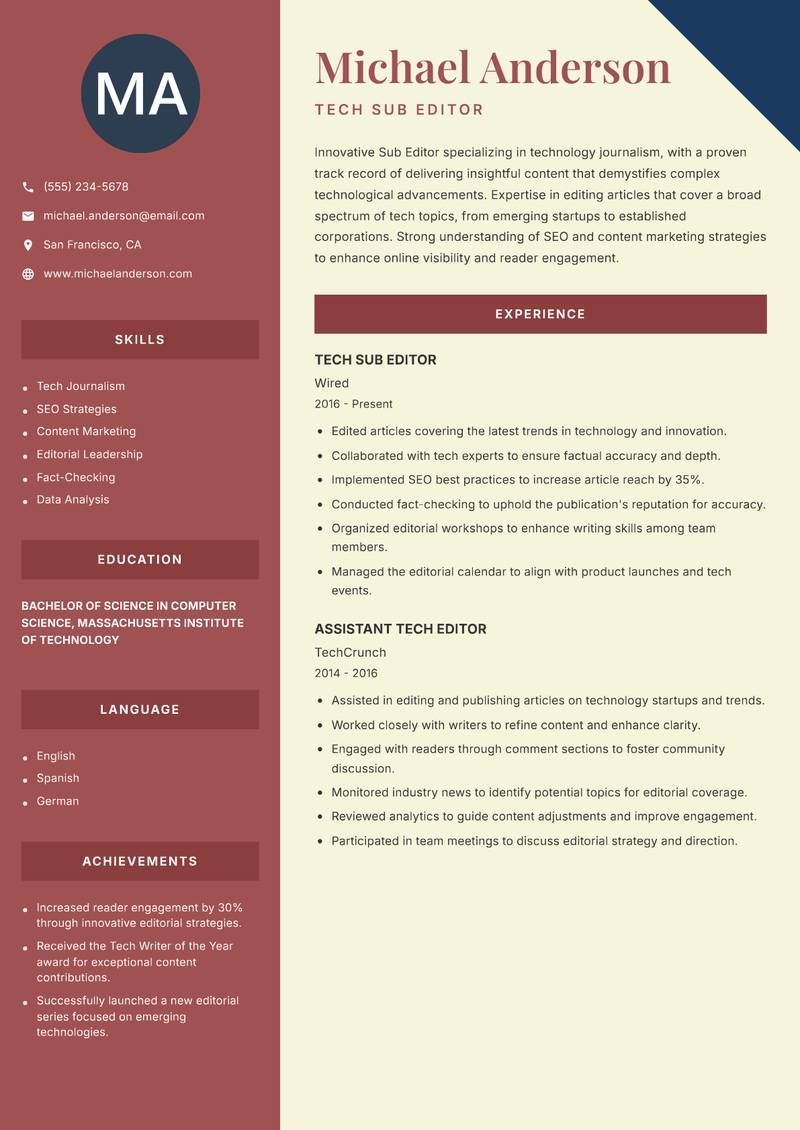Sub Editor resume sample — Tech Sub Editor focus