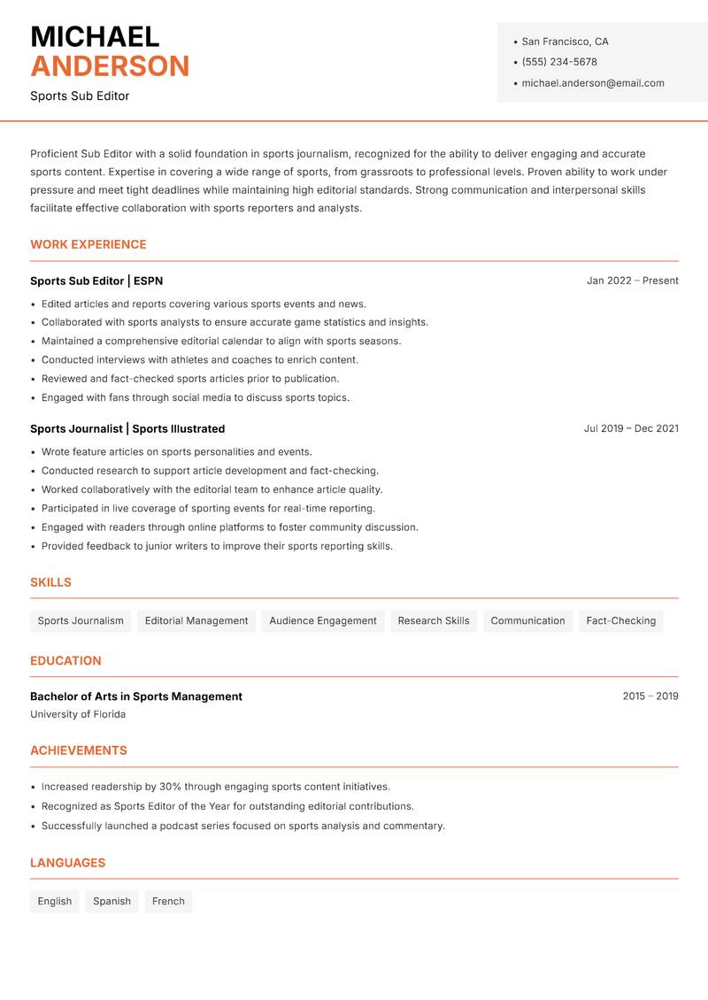 Sub Editor resume sample — Sports Sub Editor focus