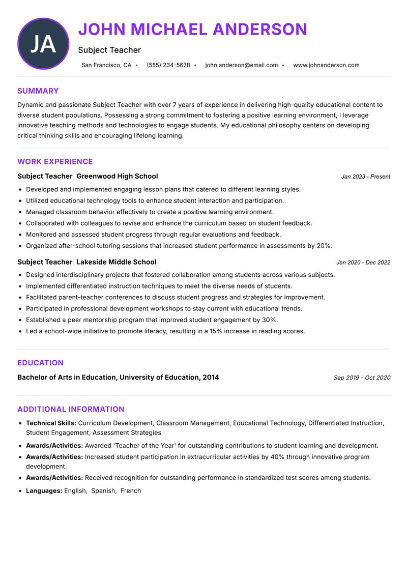 Subject Teacher resume example