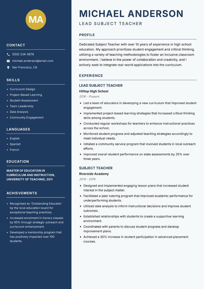 Subject Teacher resume sample — Lead Subject Teacher focus