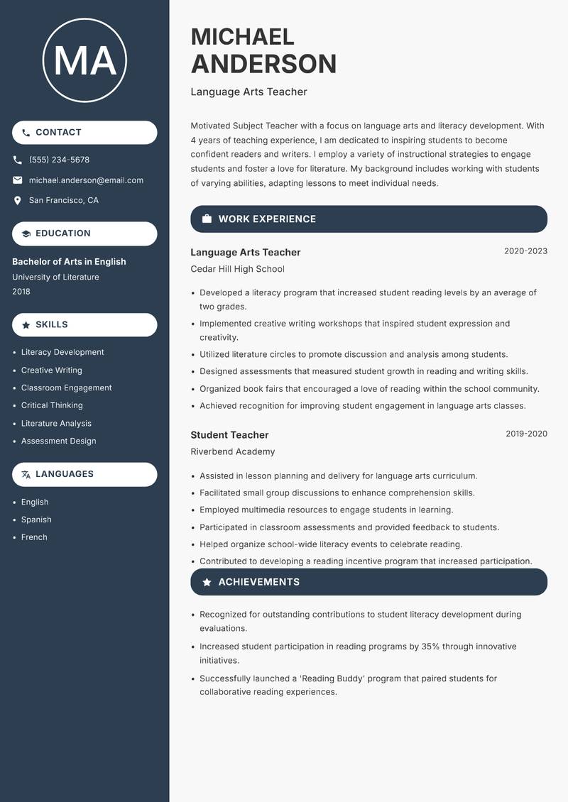 Subject Teacher resume sample — Language Arts Teacher focus