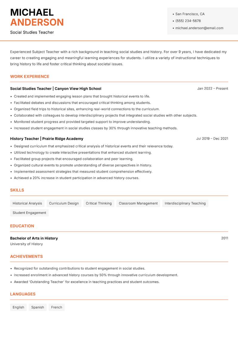Subject Teacher resume sample — Social Studies Teacher focus