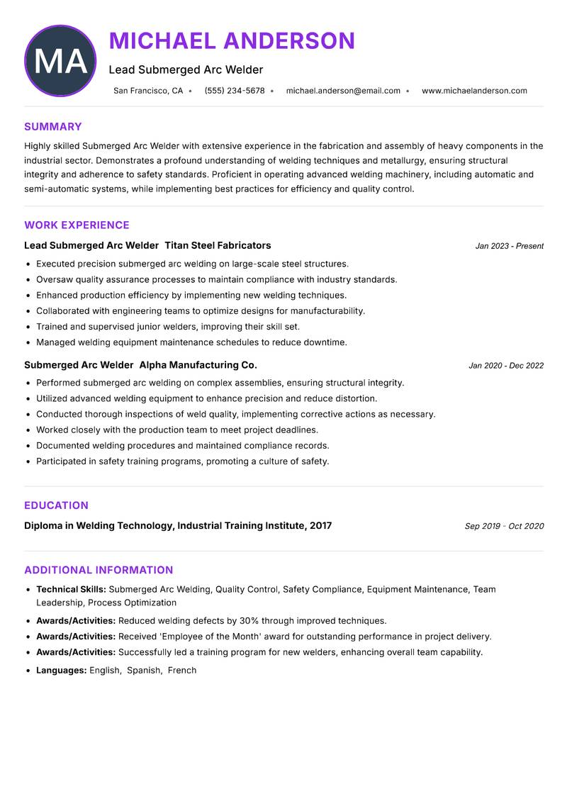 Submerged Arc Welder resume example