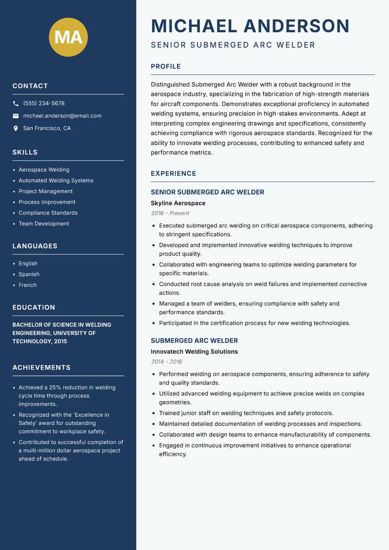 Submerged Arc Welder resume sample — Senior Submerged Arc Welder focus