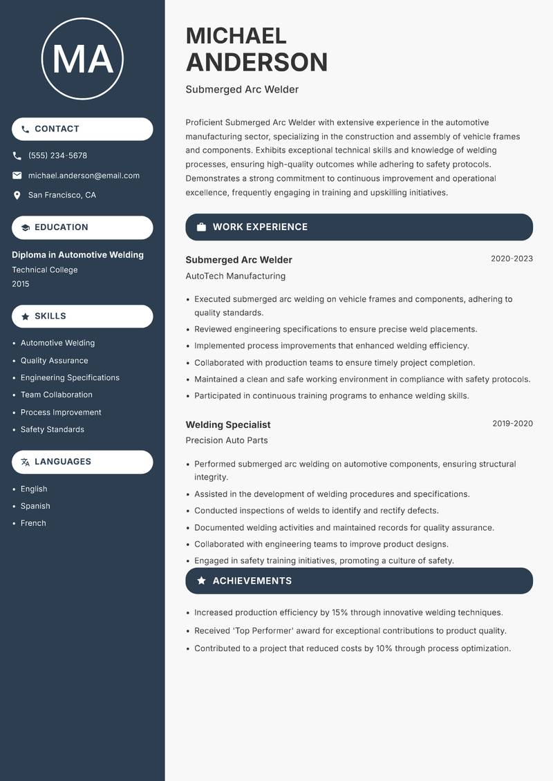 Submerged Arc Welder resume sample — Submerged Arc Welder focus