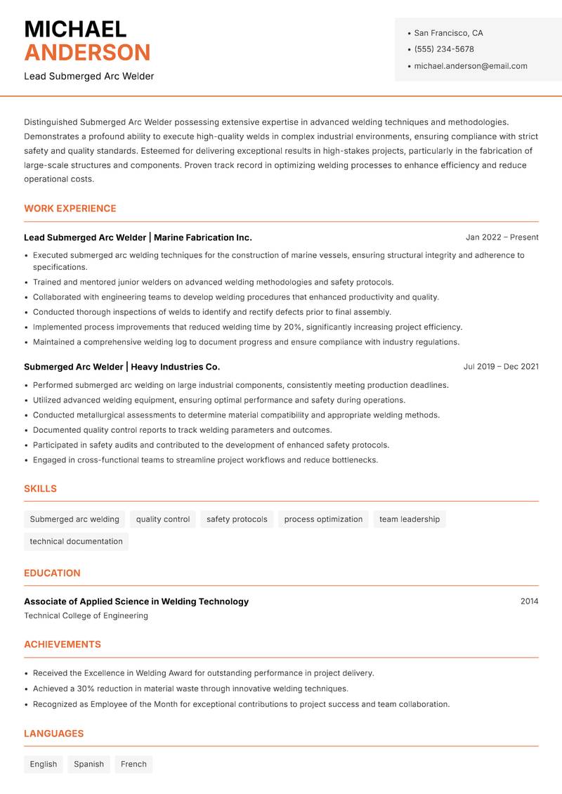 Submerged Arc Welder resume sample — Lead Submerged Arc Welder focus
