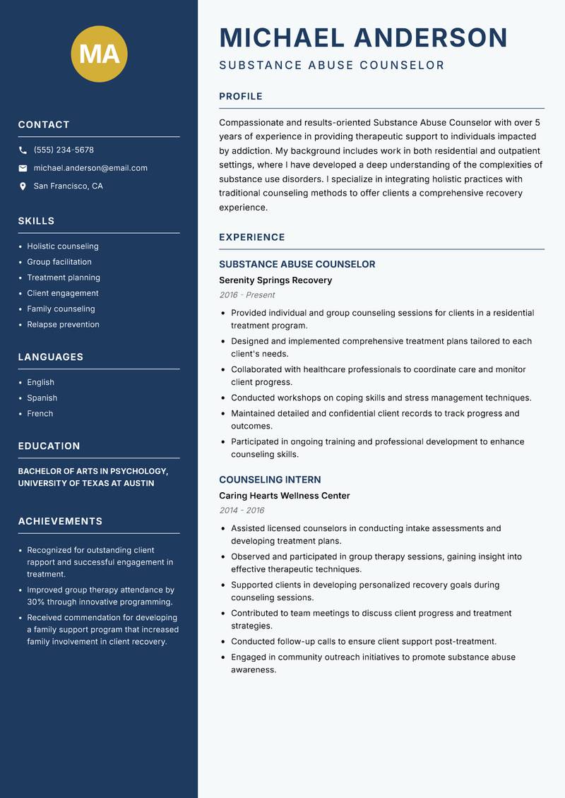 Substance Abuse Counselor resume sample — Substance Abuse Counselor focus