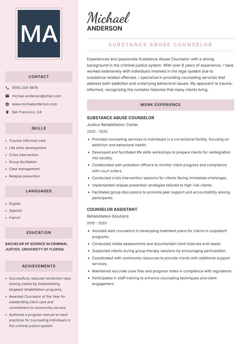 Substance Abuse Counselor resume sample — Substance Abuse Counselor focus