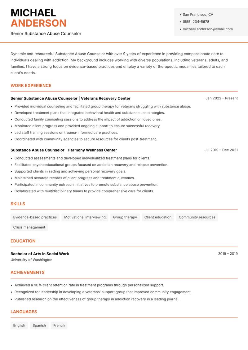 Substance Abuse Counselor resume sample — Senior Substance Abuse Counselor focus