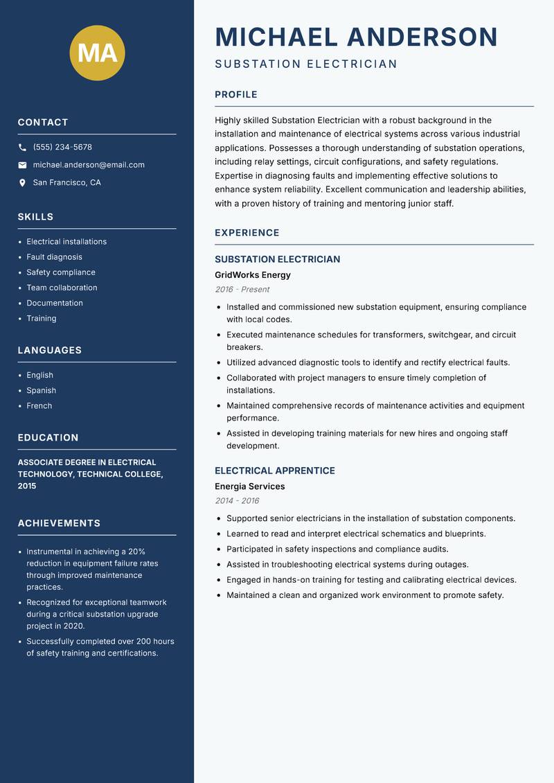 Substation Electrician resume sample — Substation Electrician focus