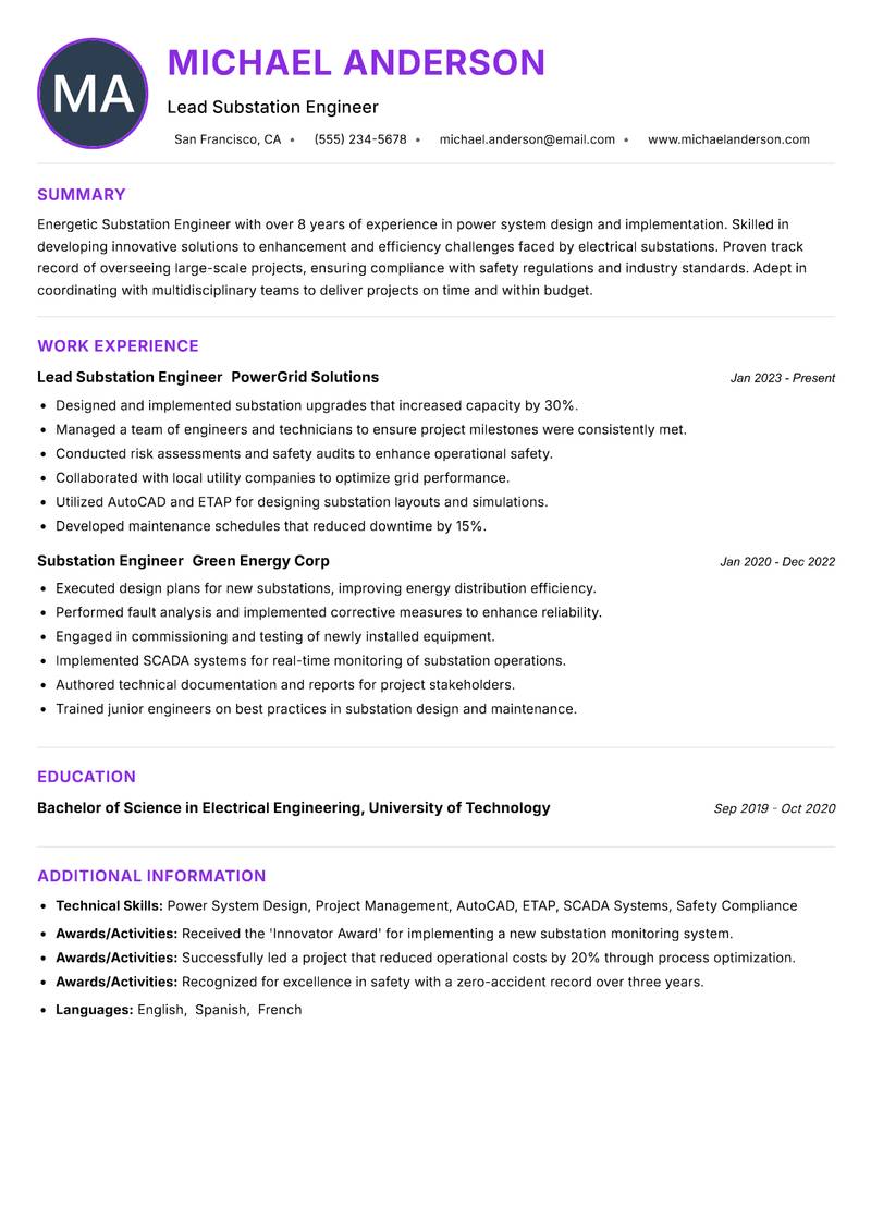Substation Engineer resume example