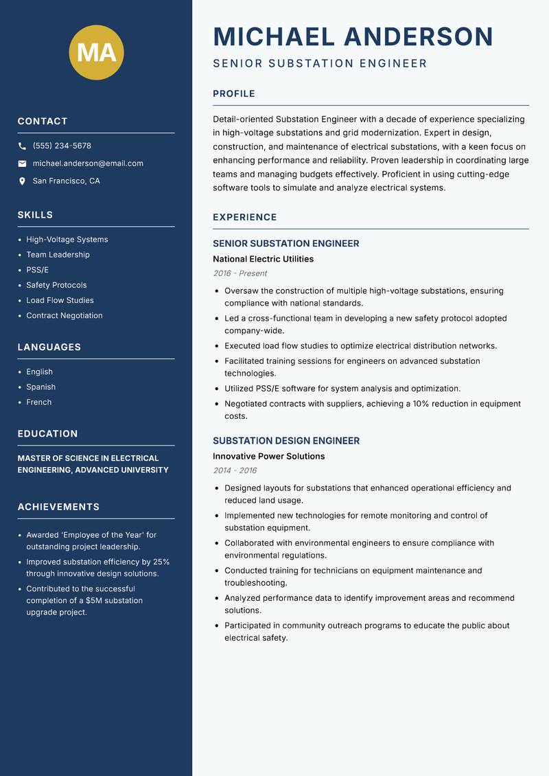 Substation Engineer resume sample — Senior Substation Engineer focus