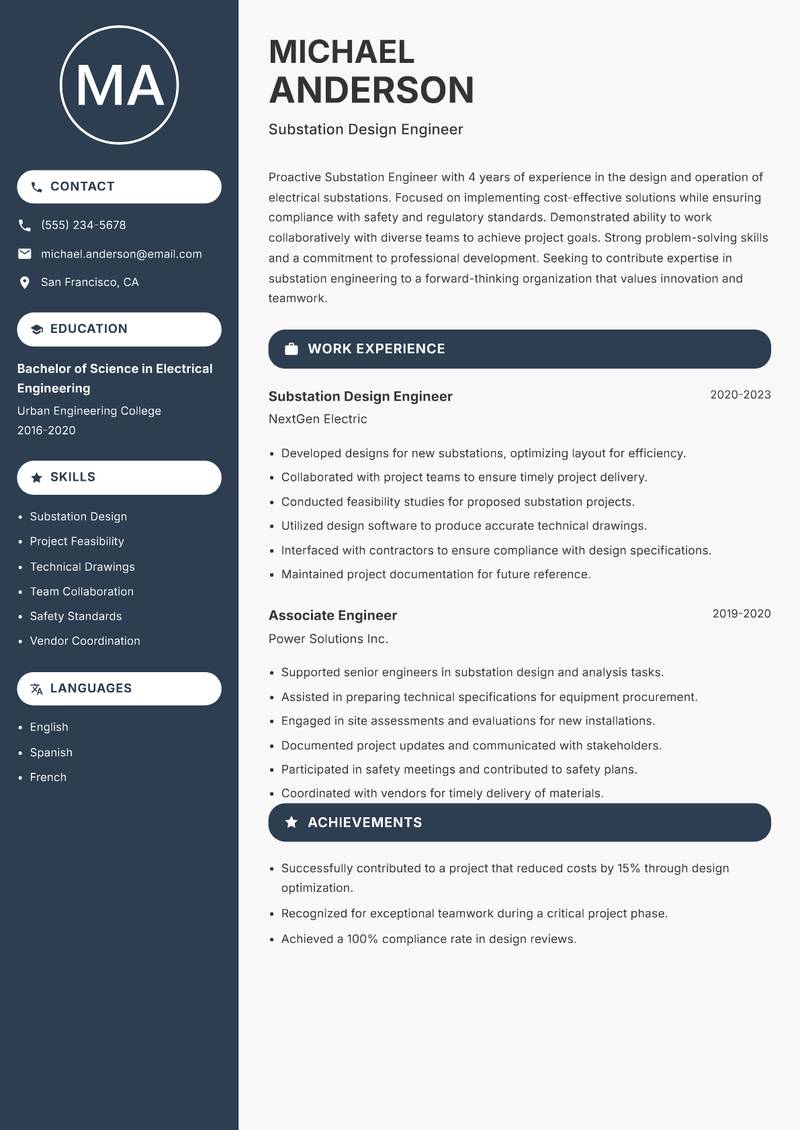 Substation Engineer resume sample — Substation Design Engineer focus
