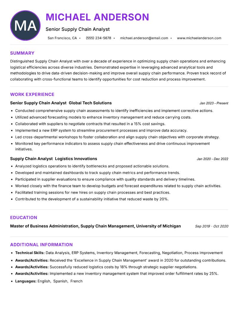 Supply Chain Analyst resume example