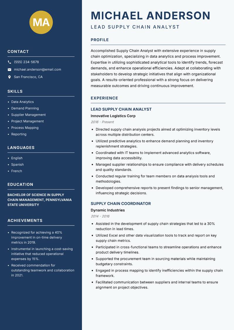 Supply Chain Analyst resume sample — Lead Supply Chain Analyst focus