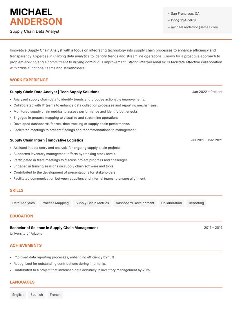 Supply Chain Analyst resume sample — Supply Chain Data Analyst focus